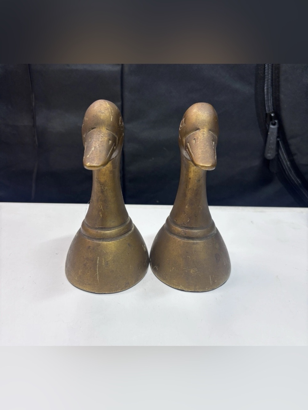 VINTAGE SOLID BRASS DUCK HEAD BOOK ENDS LARGE 10” Tall MADE IN KOREA Unlacquered - Picture 2 of 7